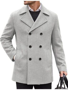 Men's Light Grey Double Breasted Notched Collar Overcoat Short Trench Coats